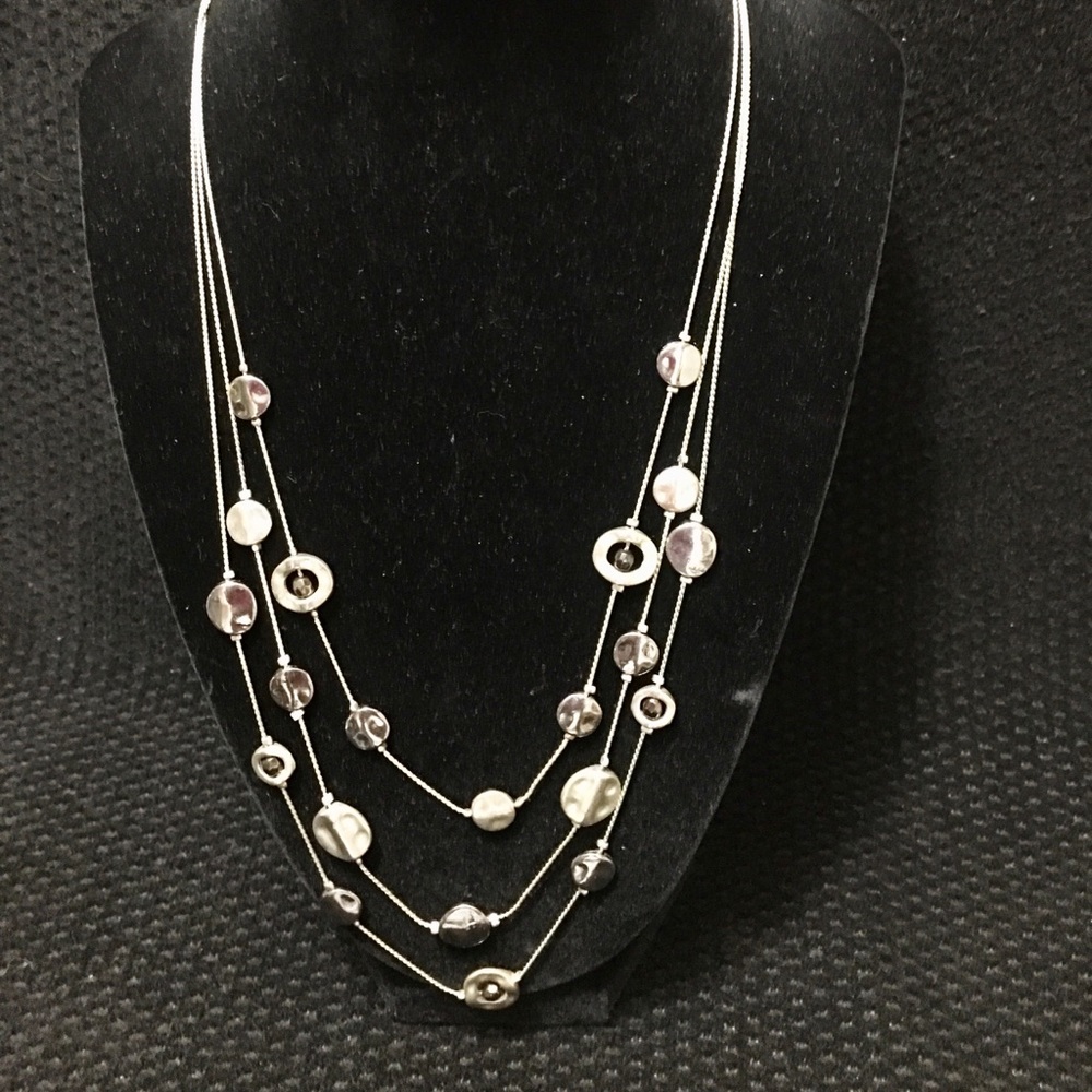Three Strand Silvertone Disk Necklace